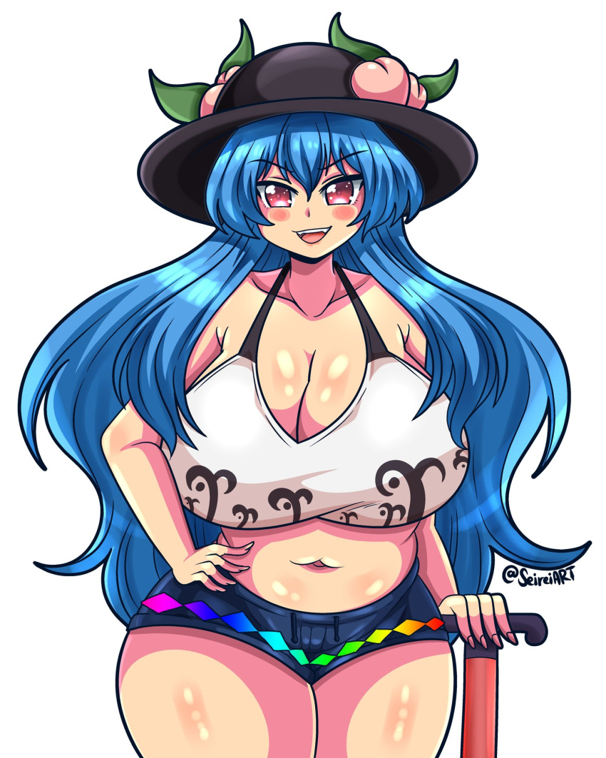 big_breasts black_hat blue_hair blush breasts fair-skinned_female fair_skin female female female_only hat large_breasts midriff peach_(fruit) pink_nails red_eyes seireiart shiny_skin shorts tenshi_hinanawi thick_thighs touhou white_top wide_hips