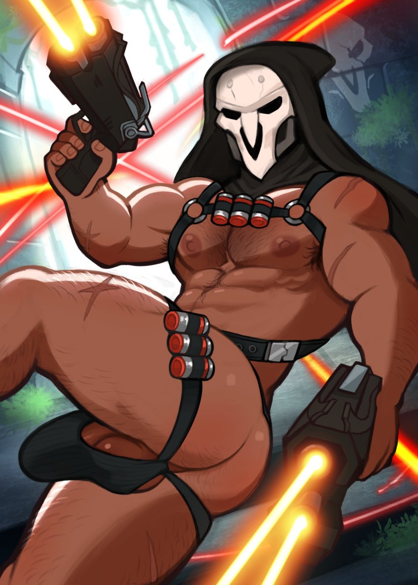 1boy activision ass balls bara bara_tits barazoku big_balls big_penis blizzard_entertainment bulge bulge_through_clothing dark-skinned_male gabriel_reyes gay gooey_candy gun hood jockstrap male male_focus male_nipples male_only manly mask masked masked_male muscular_male nipples nude overwatch overwatch_2 penis penis_outline reaper skull_mask solo solo_male underwear weapon yaoi