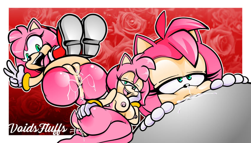 amy_rose bedroom_eyes boots cum cum_in_ass cum_in_mouth cum_in_nose cum_in_pussy eulipotyphlan female green_eyes legs_raised no_panties pink_fur presenting presenting_anus presenting_pussy red_headband red_headwear sega small_breasts sonic_(series) sonic_the_hedgehog_(series) two_tone_fur voidsfluffs