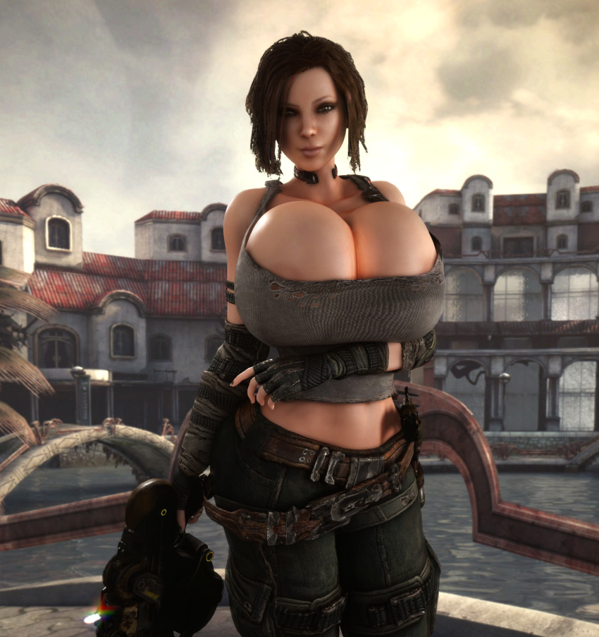 1girls 3d 3d_(artwork) alternate_breast_size areola_slip areolae areolae_slip arm_under_breasts barely_contained breasts breasts_bigger_than_head breasts_bigger_than_torso brown_hair bulletstorm cleavage close-up clothed clothed_female electronic_arts enormous_breasts epic_games female female_only female_solo fingerless_gloves gigantic_breasts gloves gun hair_over_one_eye holding_gun holding_object holding_weapon huge_breasts looking_at_viewer people_can_fly solo solo_female thighs top_heavy trishka_novak upper_body vaako weapon