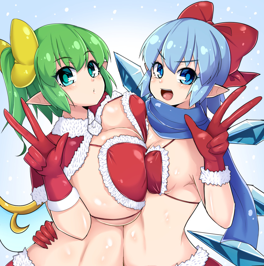 2d 2girls big_breasts blue_eyes blue_hair breasts breasts_pressed_together breasts_squeezed_together cape christmas christmas_bikini cirno daiyousei duo fairy female gloves green_hair hair_ribbon hand_on_hip huge_breasts ice_wings large_breasts looking_at_viewer narrowed_eyes norori open_mouth peace_sign pointy_ears scarf short_hair side_ponytail sideboob small_breasts snow source tied_hair touhou w wings