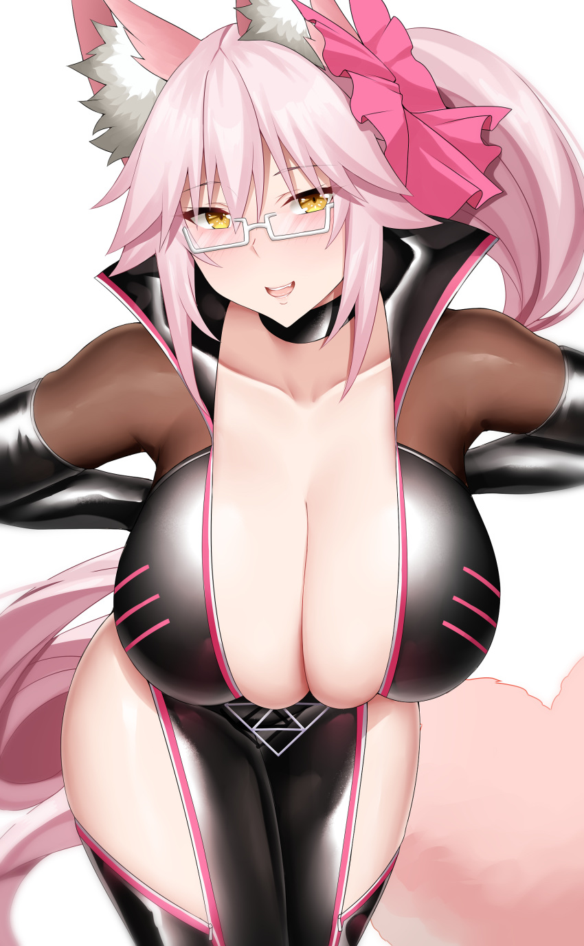 1girls arind_yudha breasts cleavage fate/grand_order fate_(series) female fox_ears fox_girl fox_tail glasses koyanskaya_(assassin) koyanskaya_(assassin)_(first_ascension)_(fate) koyanskaya_(assassin_first_ascension) koyanskaya_(fate) large_breasts pink_hair solo tagme