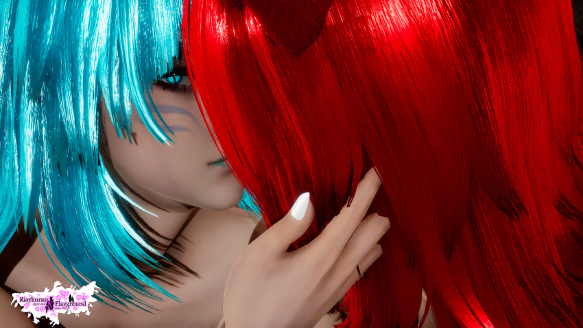 3d animal_humanoid black_eyebrows blue_eyes blue_hair blue_hair_female blue_lips blue_lipstick eyeshadow face_tattoo female_only fox_girl fox_humanoid foxgirls group kissing lesbian_kiss make_up makeup multiple_girls nails nails_painted neekumari only red_hair red_hair_female riaykuras_playground sisters tattoo tattoo_on_face white_nail_polish white_nails xayari yuri