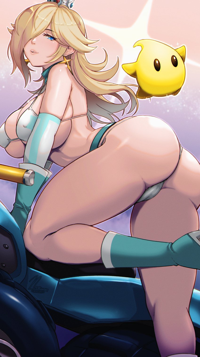 1girls ass bikini blonde_hair blue_eyes breasts clothing dat_ass female footwear hair_over_one_eye handwear hips huge_ass huge_breasts human light-skinned_female light_skin long_hair luma mario_(series) mario_kart nintendo noxcuro pale_skin princess_rosalina race_queen swimwear thick_thighs thighs wide_hips