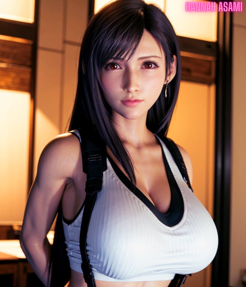 ai_generated final_fantasy final_fantasy_vii hannah_asami-(artist) huge_breasts latina latina_female latina_milf orange_eyes tank_top tifa_lockhart tifa_lockhart_(cosplay)