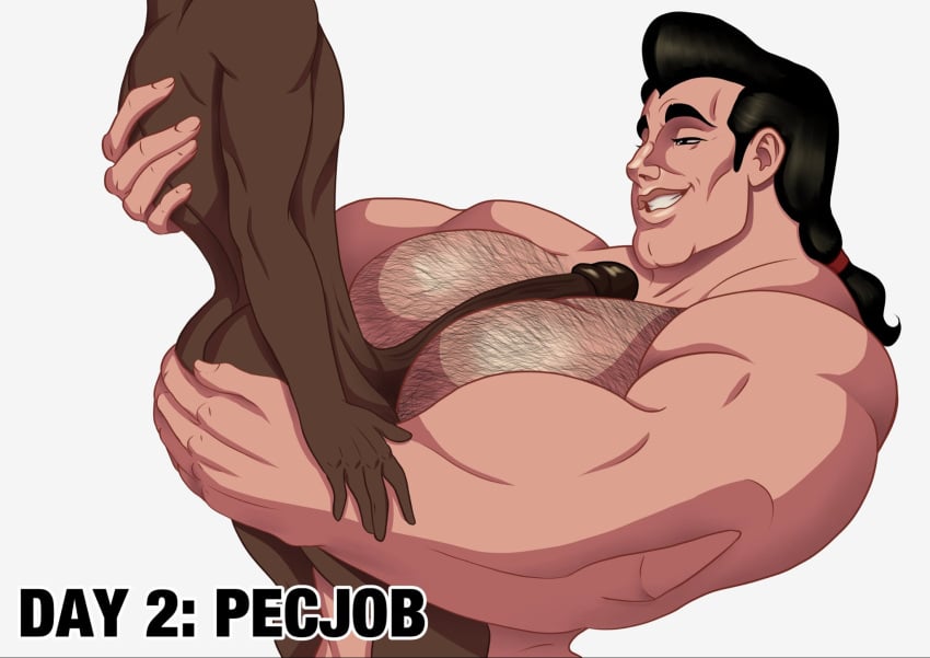 bara beauty_and_the_beast big_arms big_chest big_hands big_pecs black_hair dark-skinned_male disney freezeray04 gaston gay gay_paizuri grabbing_ass grabbing_butt huge_arms huge_chest huge_hands huge_pecs male/male male_only male_paizuri muscular muscular_male pecfuck pecjob penis_between_pecs ponytail size_difference