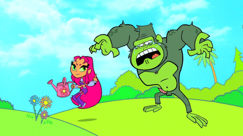 1boy 1girls animal_genitalia beast_boy d.w. dc green_fur green_skin pink_hair pubic_hair small_penis small_penis_humiliation smooth_skin starfire teen_titans teen_titans_go