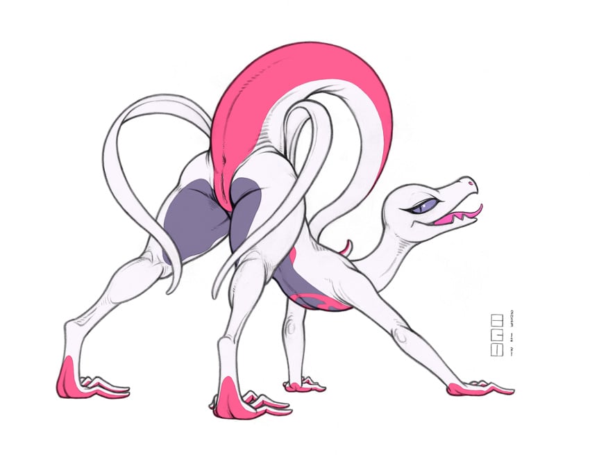 2020s 2023 all_fours anthro anthrofied anus ass_up digitigrade ecmajor eyelashes female flat_chested genitals half-closed_eyes long_toes looking_at_viewer looking_back narrowed_eyes nintendo nude pokemon pokemon_(species) pupils purple_eyes pussy raised_tail salazzle shiny_pokemon simple_background slit_pupils solo tail tiptoes white_background