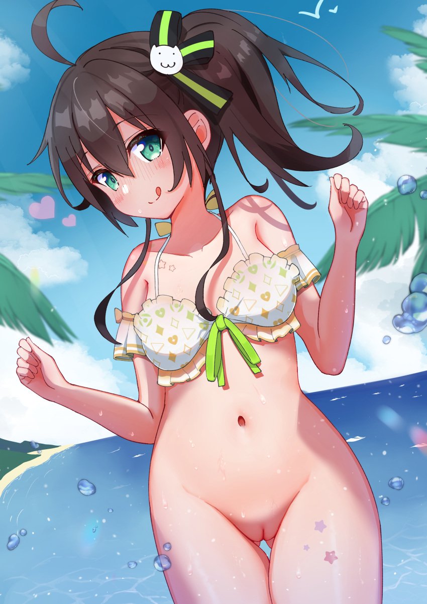 :q absurdres ahoge ass_visible_through_thighs beach bikini bikini_top_only bird blush bottomless bra breasts brown_hair cat_hair_ornament cleft_of_venus closed_mouth cloud detached_sleeves female frilled_bikini frilled_bra frills green_eyes green_ribbons hair_between_eyes hair_ornament hair_ribbon heart highres hololive hololive_gen_1 hololive_japan lens_flare looking_at_viewer natsuiro_matsuri navel ocean ontake2009 outdoors palm_tree patterned patterned_clothing pussy ribbon ribbon-trimmed_bikini ribbon-trimmed_bra ribbon_trim seagull side_ponytail small_breasts smile solo star_(symbol) star_tattoo swimsuit tattoo tongue tongue_out tree underwear virtual_youtuber water_drop wet white_bra white_swimsuit