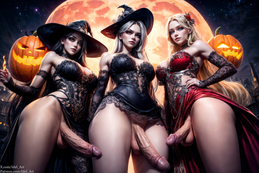 3futas ai_generated breasts futa_only futanari idel_art jack-o'-lantern looking_at_viewer looking_down moon multiple_futa multiple_girls witch witch_costume witch_hat witches