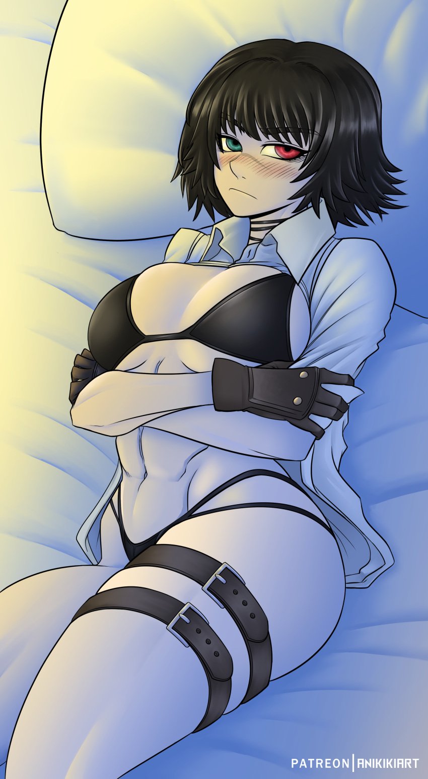 1girls anikiki_kun bashful bed black_bra black_hair black_lingerie black_panties blush blush_lines breasts crossed_arms devil_may_cry devil_may_cry_3 embarrassed embarrassed_female female female_only gloves green_eyes heterochromia hip_bones hips lady_(devil_may_cry) large_breasts laying_on_back laying_on_bed leather_gloves light_skin light_skinned_female lying lying_on_back lying_on_bed mostly_clothed mostly_clothed_female necklace on_back on_bed pantless pink_nipples red_eyes scar scar_across_nose scar_on_face shirt shirt_up short_hair six_pack skindentation solo thick_thighs thigh_belt thigh_strap thighs toned toned_female white_shirt wolf_cut