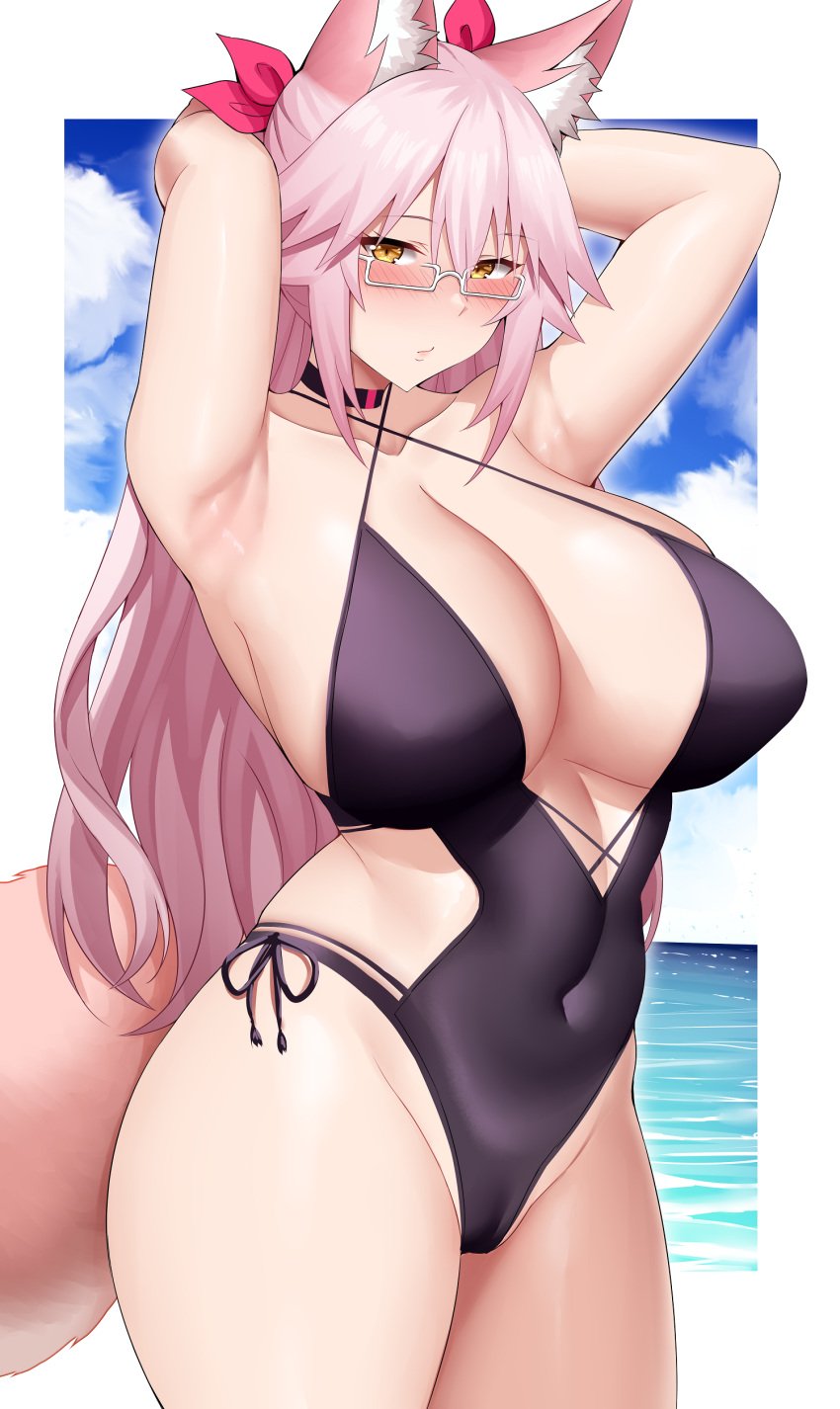 1girls arind_yudha arms_up black_swimsuit breasts choker fate/grand_order fate_(series) female fox_ears fox_girl fox_tail glasses hair_ornament koyanskaya_(assassin) koyanskaya_(assassin_first_ascension) koyanskaya_(fate) large_breasts long_hair pink_hair solo swimsuit tagme yellow_eyes