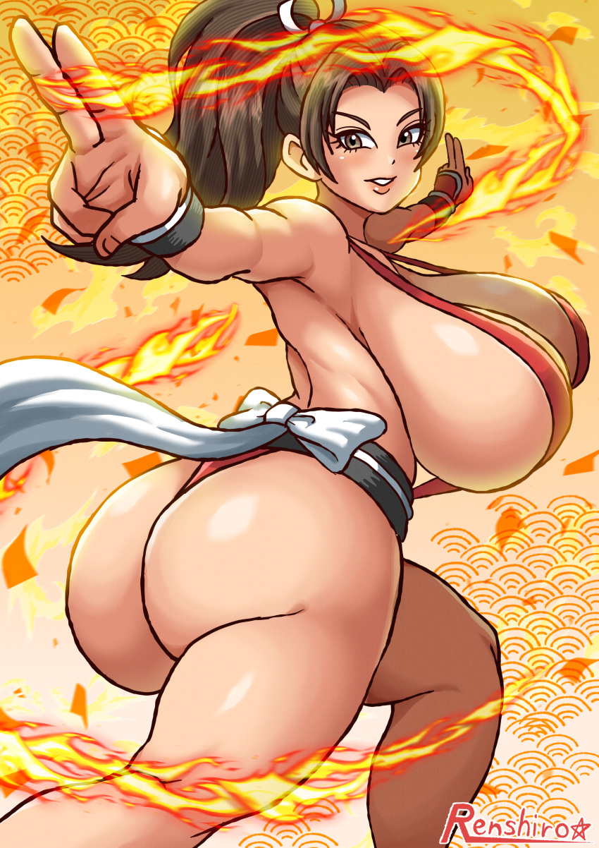 1girls ass big_ass big_breasts boobs_and_butt_pose breasts brown_hair bubble_butt busty clothing fat_ass fatal_fury female female_only fire huge_ass huge_breasts king_of_fighters kunoichi large_ass large_breasts looking_at_viewer looking_back mai_shiranui r0771 renshirou renzaburo0771 sideboob solo thick_ass thick_thighs wide_hips