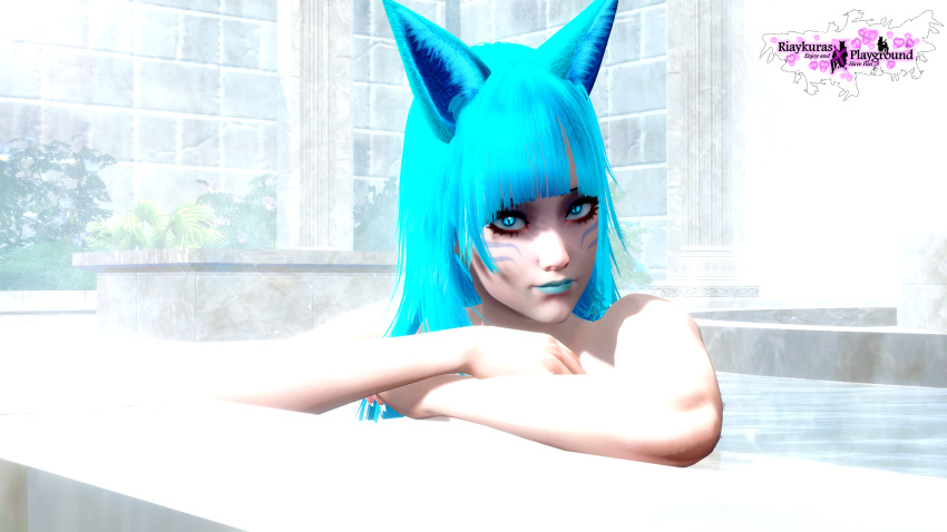 3d animal_ears animal_humanoid bath bathing black_eyebrows blue_eyes blue_hair blue_hair_female blue_lips blue_lipstick column day eyeshadow face_tattoo female_only fox_girl fox_humanoid foxear in_water make_up makeup naked naked_female neekumari nude nude_female outdoors plant riaykuras_playground sauna sitting_in_water steam sunlight tattoo tattoo_on_face tile_wall tiles water