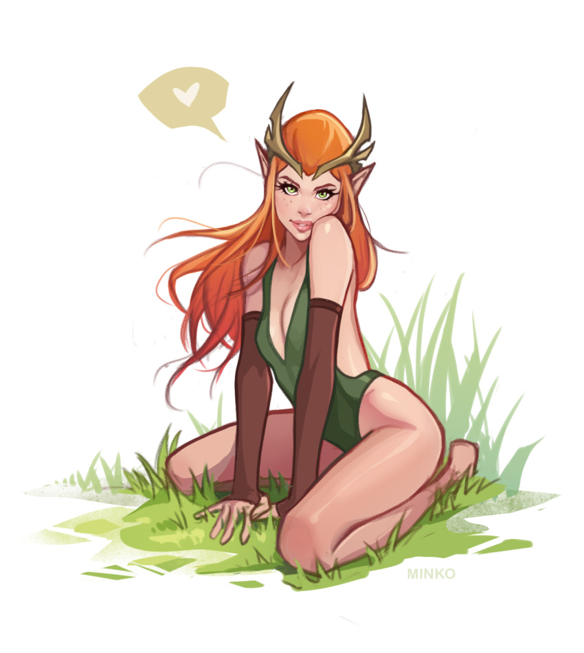 1girls 2d artist_name critical_role critical_role:_vox_machina dungeons_and_dragons elf elf_ears elf_female female female_only freckles grass green_eyes half-elf horns keyleth looking_at_viewer minko one_piece_swimsuit orange_hair sitting_on_grass solo solo_female the_legend_of_vox_machina watermark