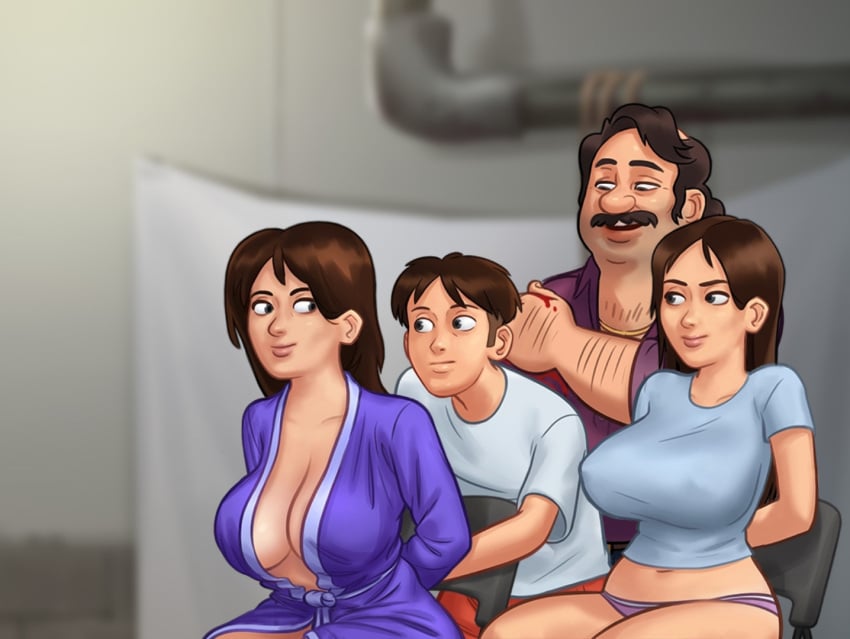 2boys 2d 2girls arms_behind_back arms_tied_behind_back big_breasts breasts brown_hair cleavage clothed clothing darkcookie debbie_(summertime_saga) digital_drawing_(artwork) digital_media_(artwork) hostage injured jenny_(summertime_saga) light-skinned_female light-skinned_male light_skin long_hair main_character_(summertime_saga) milf panties smile smiling standing summertime_saga tied tied_arms tied_hands tony_(summertime_saga) underwear