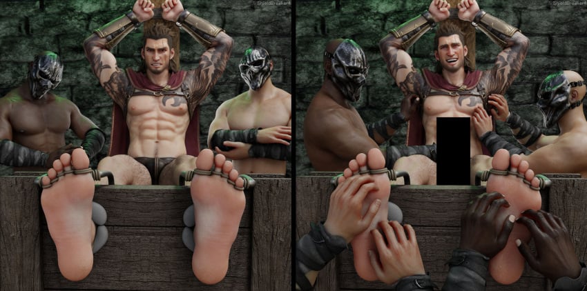 2022 bald before_and_after cape captured censor_bar censored censored_penis costume final_fantasy final_fantasy_xv gay gladiolus_amicitia halloween lucas565 male_feet male_focus male_foot_fetish male_only masked masked_male restrained shieldbreaker4 shirtless square_enix stocks tickle_torture tickling tickling_armpits tickling_feet tickling_nipples toes_tied