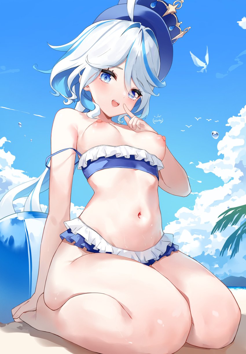 1girls ahoge barefoot beach blue_eyes blue_hair blush breasts furina_(genshin_impact) genshin_impact hair_between_eyes heterochromia hiaoba knees_together_feet_apart light_blue_hair long_hair looking_at_viewer multicolored_hair nipples open_mouth outdoors sitting small_breasts smile solo solo_female straight_hair thighs