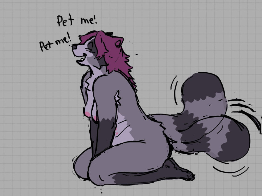 anthro blush blush_lines breasts cheek_tuft chest_tuft closed_eyes english_text facial_tuft female hair katsfish mammal markings medium_breasts motion_lines procyonid purple_hair raccoon slightly_chubby smile solo striped_markings striped_tail stripes tail tail_markings tail_motion tailwag text tuft