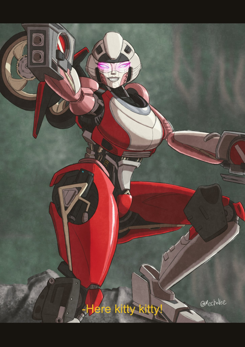 1girls aiming_weapon arcee arcee_(rotb) artist_name big_breasts blaster blaster_pistol blue_eyes breastplate cat_eyes cybertronian english_text female female_only gun jungle jungle_background large_eyes mechanoid mechavee metal_body metallic_body one_leg_up pussy_covered robot robot_girl robot_humanoid safe safe_for_work sfw smile smiling solo standing_on_rock taunting text tires transformers transformers_rise_of_the_beasts visor visor_(armor) visor_glasses visor_helmet wheels