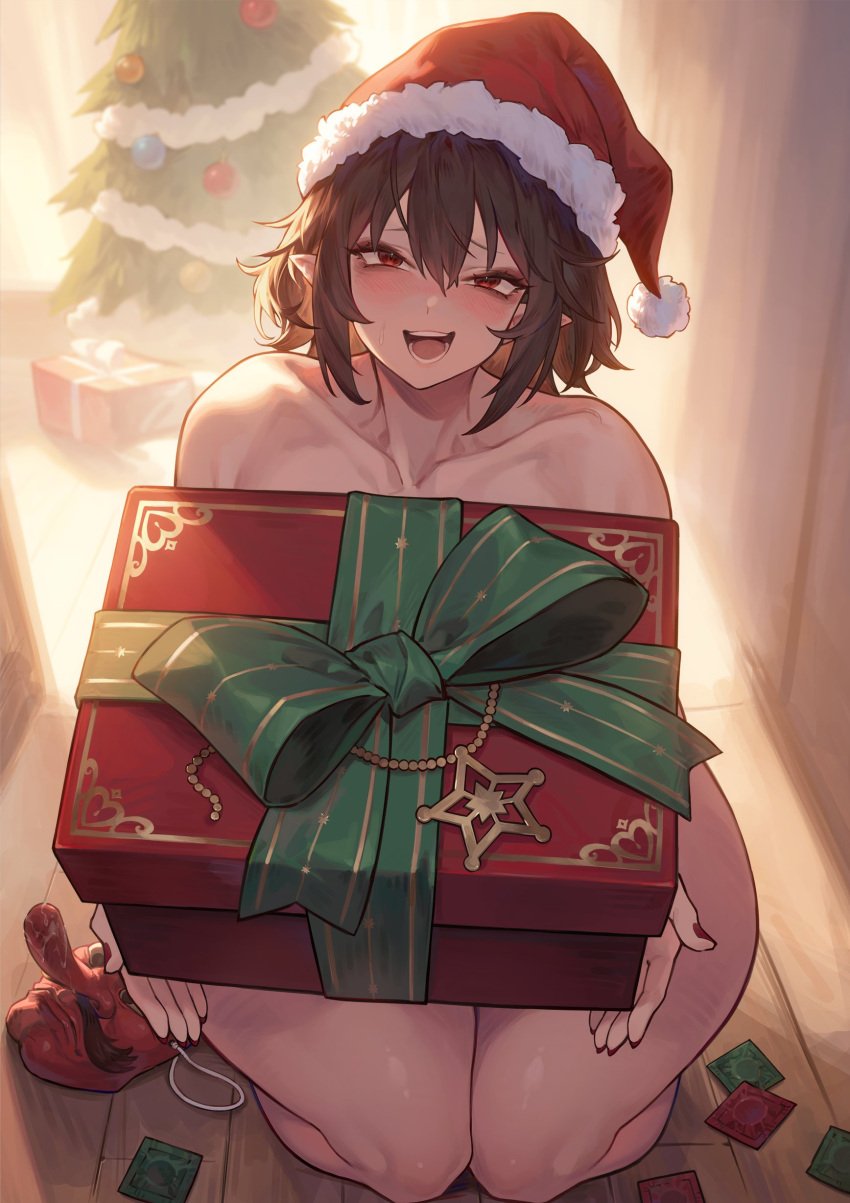 1girls breasts_in_box christmas christmas_hat christmas_present collarbone ero_jokersofia holding_object joker_(stjoker) naked naked_female pointy_ears shameimaru_aya short_hair sitting smiling touhou