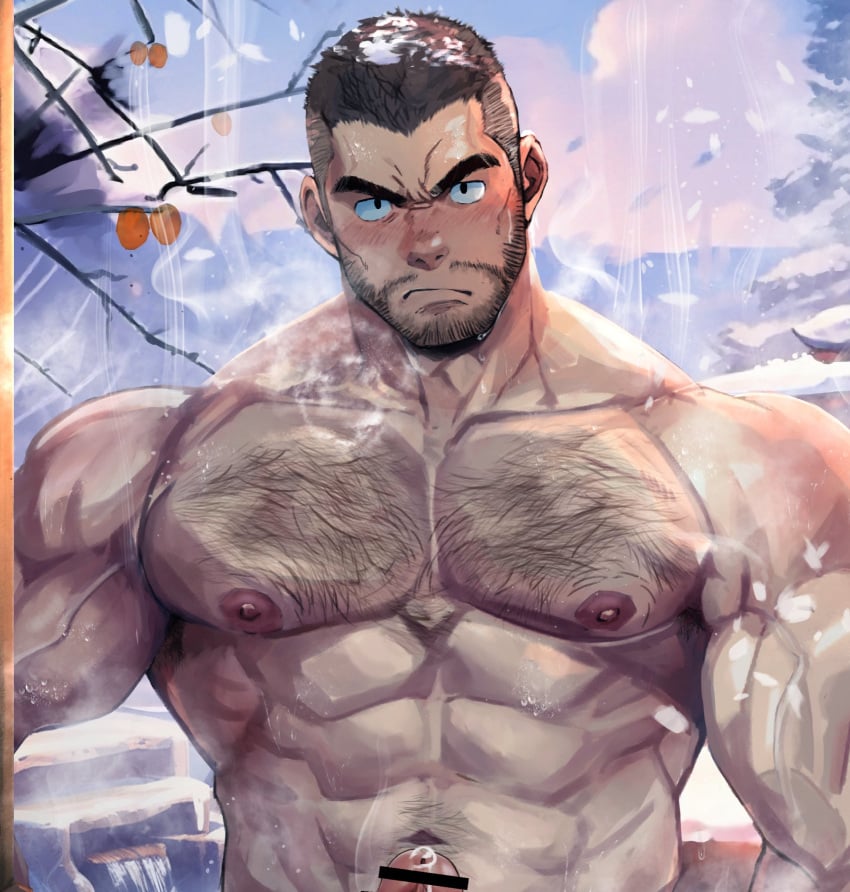 1boy abs arm_hair armpit_hair bar_censor bara beard black_hair blush censored chest_hair closed_mouth completely_nude day erection facial_hair highres large_pectorals looking_at_viewer male_focus mature_male muscular muscular_male navel_hair nipples nude onsen original outdoors pectorals penis penis_out_of_frame pine_tree precum precum_drip short_hair sideburns snow snowing solo steam steaming_body straight-on suamaru suamaru0808 thick_eyebrows tree undercut upper_body water winter