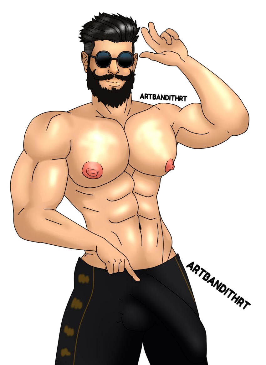 bandithrt beard big_bulge big_nipples bulge bundle_(free_fire) character_(free_fire) free_fire gay gay_male glasses muscle muscles muscular muscular_male pants solo_male