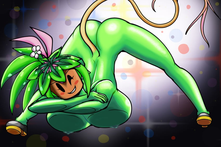 absurdres against_glass ass blaster_master blaster_master_zero blaster_master_zero_2 blush_stickers breasts flower flower_on_head green_hair highres huge_breasts jack-o'_challenge kanna_(blaster_master) monster_girl nude one_eye_closed plant_girl plant_hair sanitysedge shiny_clothes smile solid_oval_eyes solo tail top-down_bottom-up wink