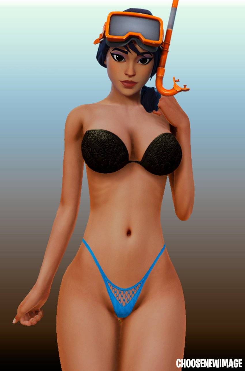 1girls 3d bathing_suit black_bra black_hair blue_panties bra choosenewimage eyeshadow female female_only fortnite headhunter_(fortnite) human looking_at_viewer makeup panties skimpy skimpy_clothes snorkel snorkel_ops solo standing tagme