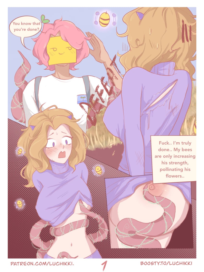 artist_name bea_(brawl_stars) blush bondage brawl_stars breast_grab breasts breasts_out comic comic_page english_text luchikki no_bra page_1 patreon_username sprout_(brawl_stars) stripped_by_tentacles sweater_lift tentacle tentacle_around_waist tentacle_on_breast torn_clothes torn_sweater underboob