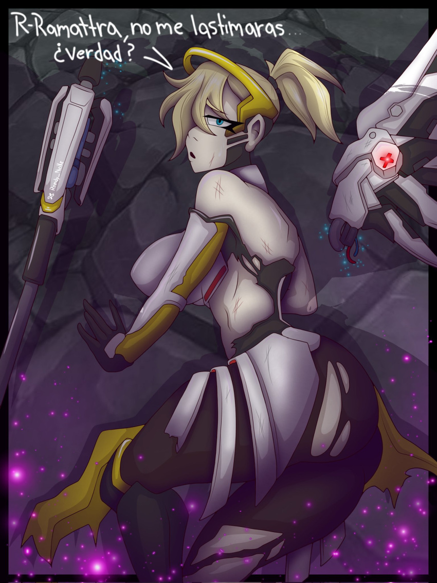 big_ass big_breasts big_butt blonde_hair blue_eyes defeated defeated_heroine mercy on_the_floor on_the_ground overwatch overwatch_2 partially_clothed partially_clothed_female partially_nude ramattra randy_&_nakrax_(artist) revgelty ripped_bodysuit ripped_clothing ripped_pants semi_nude spanish spanish_dialogue spanish_text wings