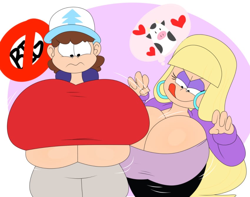 1boy 1girls baseball_cap big_ass big_butt blonde_hair breasts_bigger_than_head brown_hair busty busty_boy busty_boy_on_female cleavage denizen1414 dipper_pines disney disney_xd earrings eyeshadow fantasy female female_dipper gender_transformation genderswap genderswap_(mtf) gravity_falls huge_breasts lustful_gaze male/female male_breasts male_with_breasts moobs oppai pacifica_northwest staring_at_breasts tongue tongue_out underboob