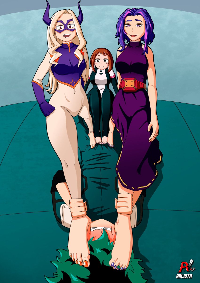 1boy 3girls arlioth barefoot clothed_sex denki_anma dominant_female feet_on_face female foot_fetish footjob footjob_over_clothes izuku_midoriya lady_nagant male midoriya_izuku mount_lady multiple_girls my_hero_academia ochako_uraraka stepped_on stepping_on_penis submissive_male trample trampling uraraka_ochako uraraka_ochako_(hero_outfit) yuu_takeyama