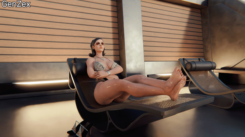 apex_legends black_hair feet female genzex glasses latina loba_(apex_legends) oiled oiled_body oiled_skin pose sunbathing swimsuit