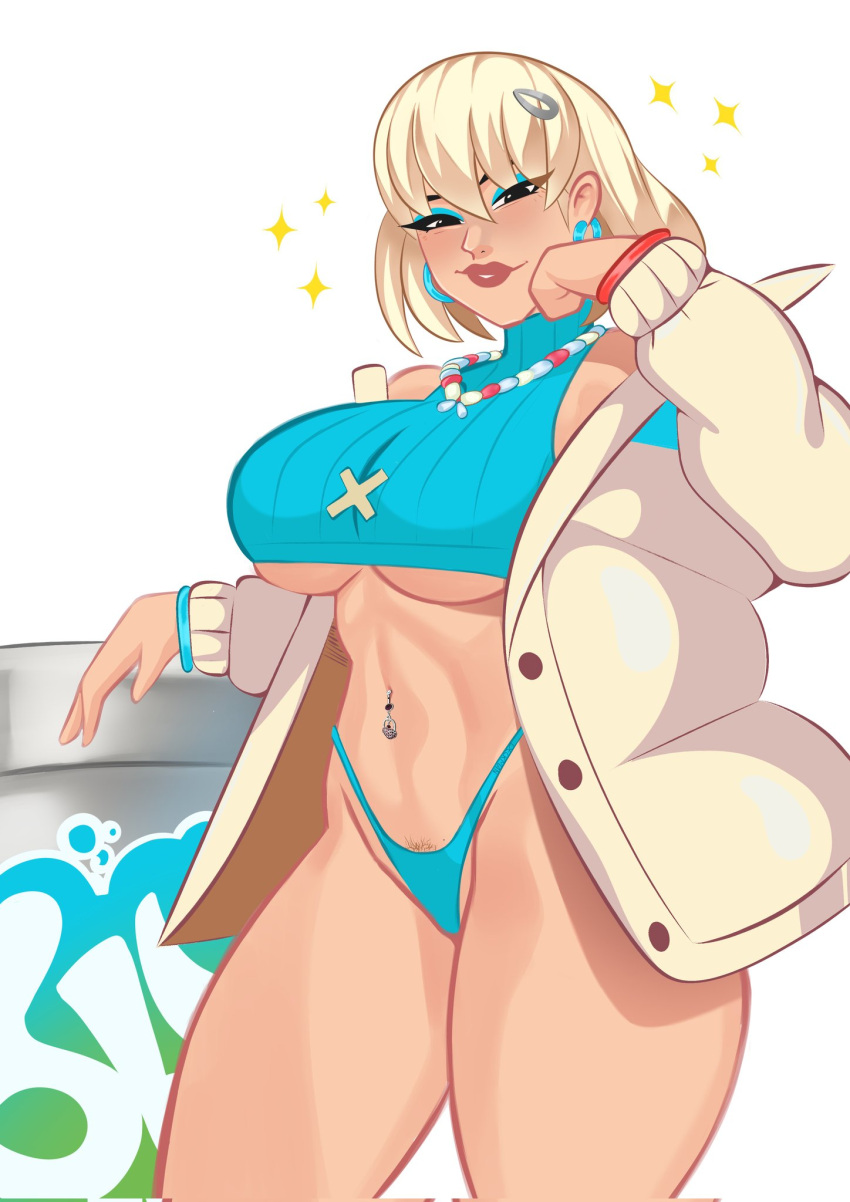 1girls blonde_hair breasts deckman evie_(fortnite) female female_only fortnite jacket large_breasts looking_at_viewer mrdeck navel_piercing pubic_hair solo summitseeker_evie_(fortnite) thick_thighs thighs underboob underwear white_background wide_hips