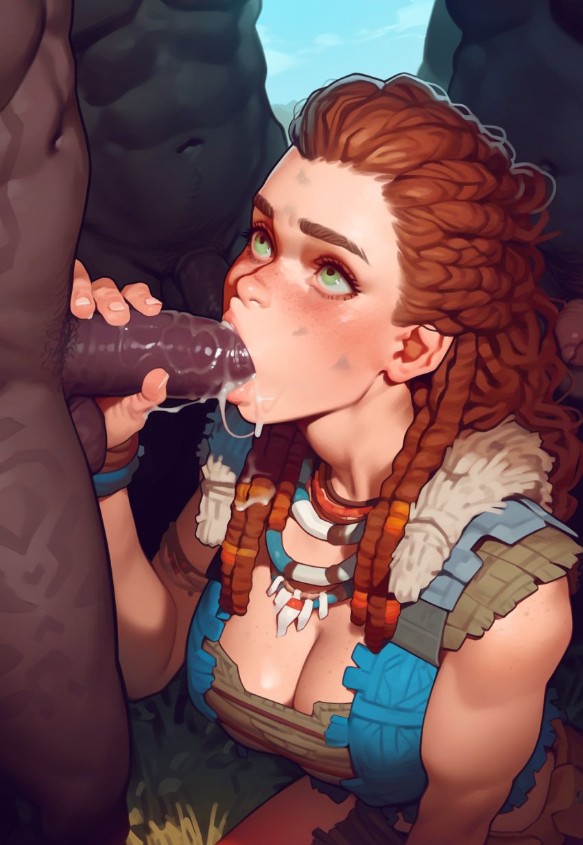 1girls ai_generated aloy blowjob cum cum_drip cum_string dark-skinned_male dreadlocks fellatio freck freckles freckles_on_face freckles_on_shoulders green_eyes horizon_forbidden_west horizon_zero_dawn interracial light-skinned_female red_hair tribal_clothing tribal_jewelry tribal_necklace