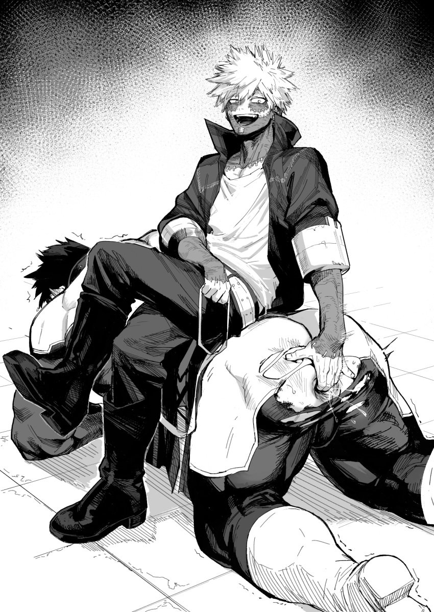 2boys anal_fingering anus ass bara bodysuit boku_no_hero_academia boots crossed_legs dabi endeavor_(my_hero_academia) enji_todoroki father_and_son fingering gaping_anus gay gay_domination greyscale highres incest jacket kneeling male male_focus male_only migi_(mm86262394) monochrome multiple_boys multiple_scars muscular muscular_male my_hero_academia open_anus open_clothes open_jacket open_mouth pants scar scar_on_hand scar_on_neck short_hair smile spiked_hair staple stapled thick_thighs thighs todoroki_enji todoroki_touya torn_clothes touya_todoroki yaoi