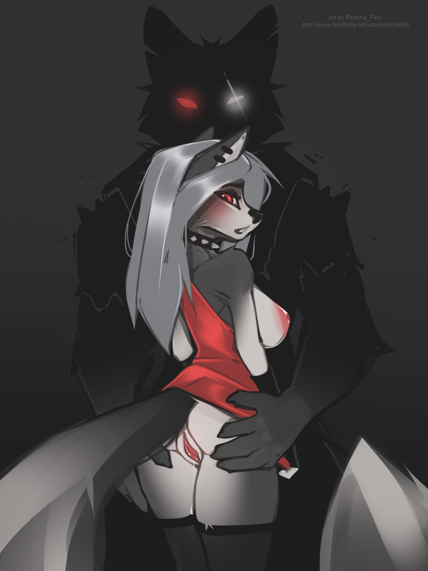 2024 5_fingers anthro anthro_on_anthro ass black_nose breasts canid canid_demon clothed clothing clothing_lift demon dress dress_lift duo female fingers fur genitals glowing glowing_eyes grey_body grey_fur hair hand_on_butt hellhound helluva_boss hi_res humanoid_hands legwear loona_(helluva_boss) male male/female mammal multicolored_body multicolored_fur nipples no_underwear piranha_fish pussy silver_hair stockings text two_tone_body two_tone_fur url vortex_(helluva_boss) white_body white_fur