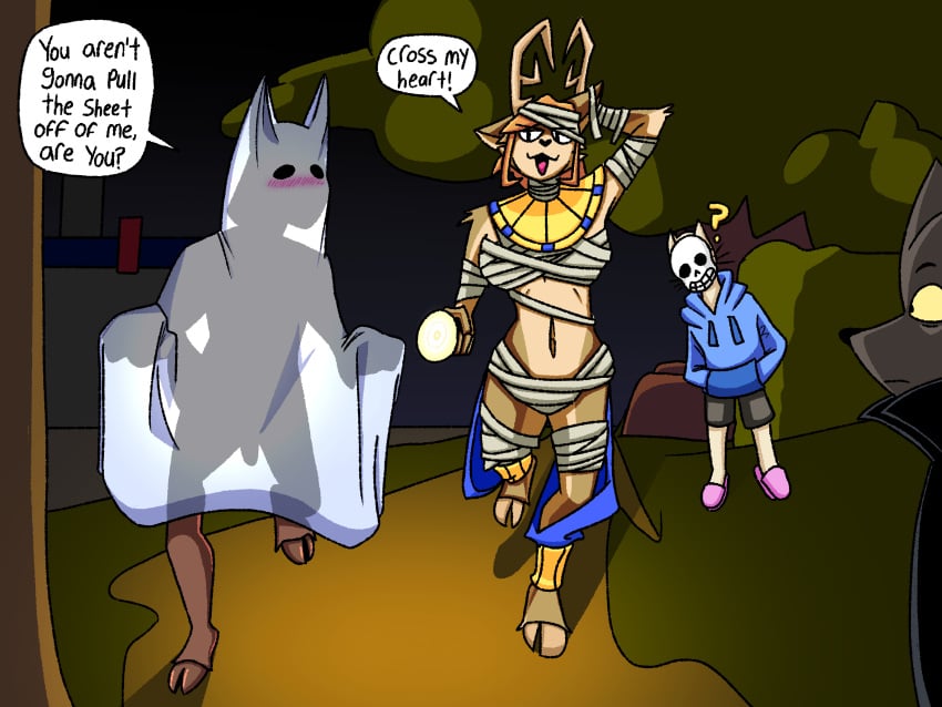 2023 4:3 absurd_res anthro antlers ariel_(deerkid) assisted_exposure black_clothing black_jacket black_topwear blue_clothing blue_hoodie blue_topwear blush blush_lines bottomwear bovid breasts brown_body brown_fur canid canine canis capri_(deerkid) caprine clothing cosplay costume deer deerkid detailed_background dialogue digital_drawing_(artwork) digital_media_(artwork) domestic_cat felid feline felis female flashlight fur ghost_costume goat grass grey_body grey_fur group hair halloween halloween_costume hi_res holding_object holidays hoodie hooves horn jacket male mammal mask midriff mummy_costume mummy_wrappings navel night orange_hair outside path penis_silhouette plant public public_exposure question_mark robablo sans sans_(cosplay) shorts skull_mask speech_bubble standing tan_body tan_fur topwear translucent translucent_clothing tree undertale_(series) walking whiskers wide_eyed wolf