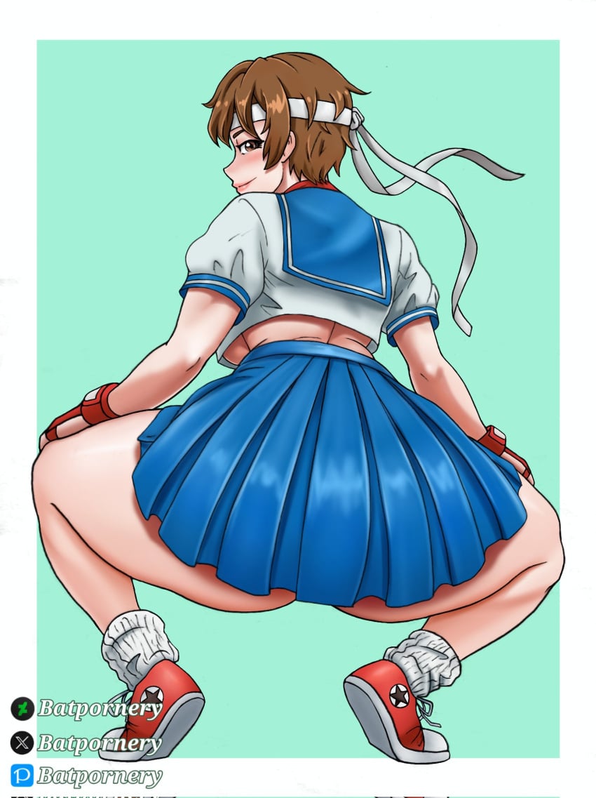 1girls ass ass_shake batpornery big_ass big_breasts brown_eyes brown_hair capcom child_bearing_hips female female_only from_behind gloves looking_at_viewer looking_back sakura_kasugano school_uniform schoolgirl shoes short_hair skirt smile squatting street_fighter thick thick_ass thick_thighs tomboy twerk twerking wide_hips