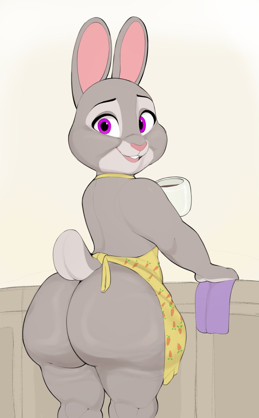 1girls 2023 animal_ears animal_tail anthro apron apron_only ass ass_focus big_ass bonnie_hopps bubble_ass bubble_butt coffee coffee_mug dat_ass disney fat_ass female female_focus female_only fur grey_body grey_fur huge_ass lagomorph looking_back mature mature_female mature_woman milf mother naked_apron purple_eyes rabbit rabbit_ears rabbit_tail solo solo_female tail usnarbit yellow_apron zootopia