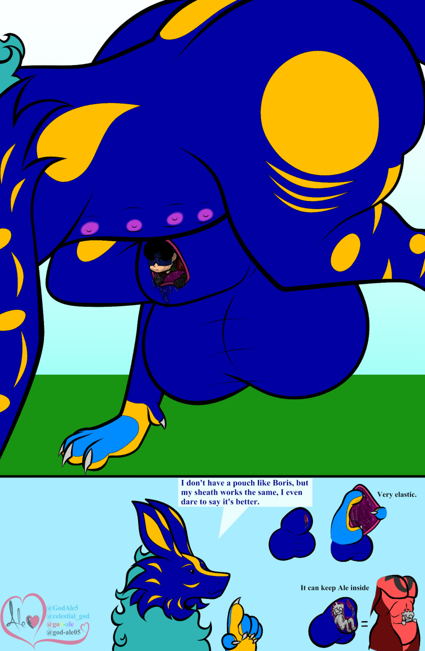 5_fingers ale_(god-ale_oc) animal_genitalia anthro ass balls big_balls big_butt big_sheath black_eyes black_hair blue_mane bodily_fluids boris_vor cheek_tuft claws clothing cock_vore dragon english_text explanation eyewear facial_tuft feral fingers flat_colors genital_fluids genitals gloves god-ale group hair handwear hi_res huge_butt human in_pouch larger_feral larger_pred male male/male mammal mane multi_nipple multicolored_body multicolored_skin muscular nipples partially_inside pecs penile penis pouch_(anatomy) precum purple_nipples raised_leg red_body red_skin safe_vore scalie sheath sheath_vore simple_background size_difference smaller_human smaller_male smaller_prey soft_vore spots spread_sheath sunglasses text thick_thighs trio tuft two_panel_image vore willing_prey yellow_spots