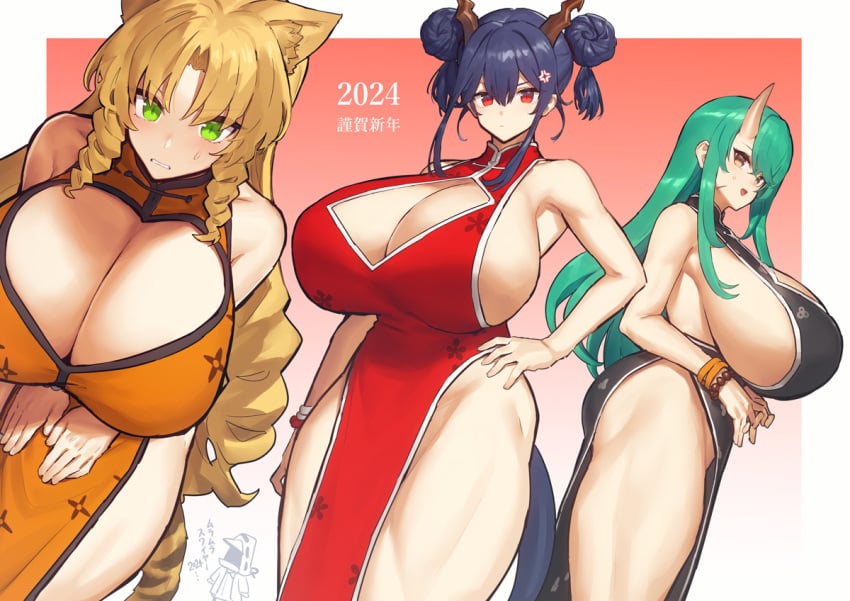 3girls animal_ears arknights big_breasts black_hair blonde_hair breasts brown_eyes cat_ears catgirl ch'en_(arknights) china_dress chinese_clothes chinese_dress cleavage dragon_girl dragon_horns dress drill_hair female female_focus female_only gigantic_breasts green_eyes green_hair hair_buns hips horn horns hoshiguma_(arknights) huge_breasts hyper_breasts large_breasts light-skinned_female light_skin long_hair looking_at_viewer massive_breasts melon22 multiple_girls no_pants no_shorts oni oni_female qipao red_eyes sideboob swire_(arknights) tagme thick_thighs wide_hips