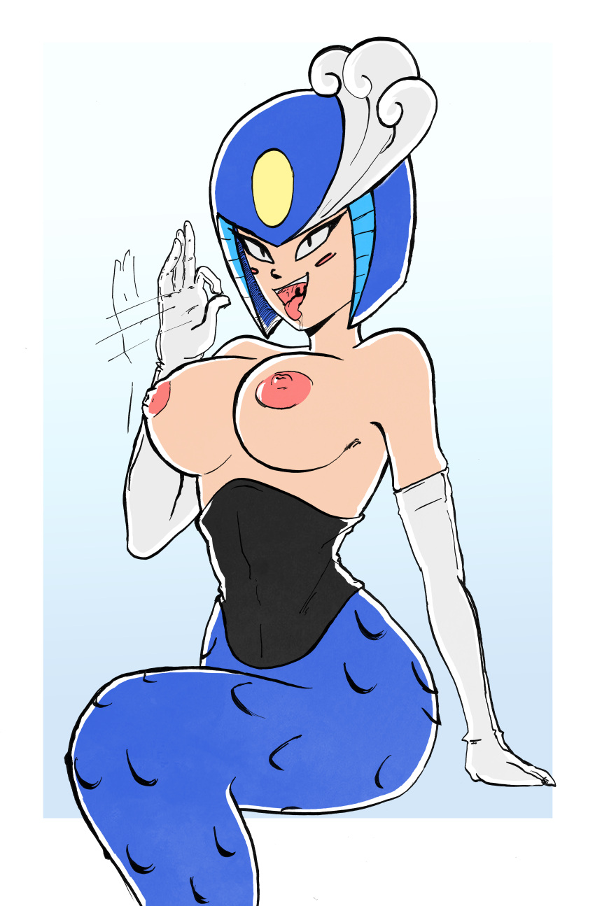 1girls 2d 2d_(artwork) armour arty_renegate blush capcom corset exposed_breasts exposed_nipples exposed_shoulders eyelashes fellatio_gesture gloves hourglass_figure large_breasts looking_at_viewer mega_man mega_man(classic) mermaid mermaid_tail monster_girl nipples open_mouth partially_clothed perky_breasts red_cheeks rockman scales smile splash_woman tongue tongue_out