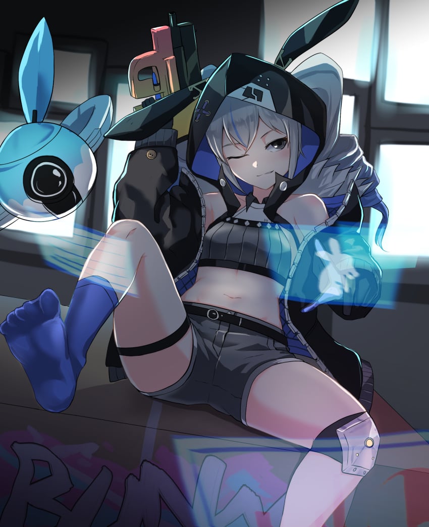 animal_ears black_hair breasts bronya_zaychik bronya_zaychik_(haxxor_bunny) bullpup drill_hair fake_animal_ears female gloves grey_eyes gun hand_up highres hologram honkai_(series) honkai_impact_3rd hood jacket leg_up legs looking_to_the_side navel off_shoulder one_eye_closed open_clothes open_jacket p90 personal_defense_weapon rabbit_ears shorts silver_hair singwee small_breasts smirk socks solo spread_legs submachine_gun weapon