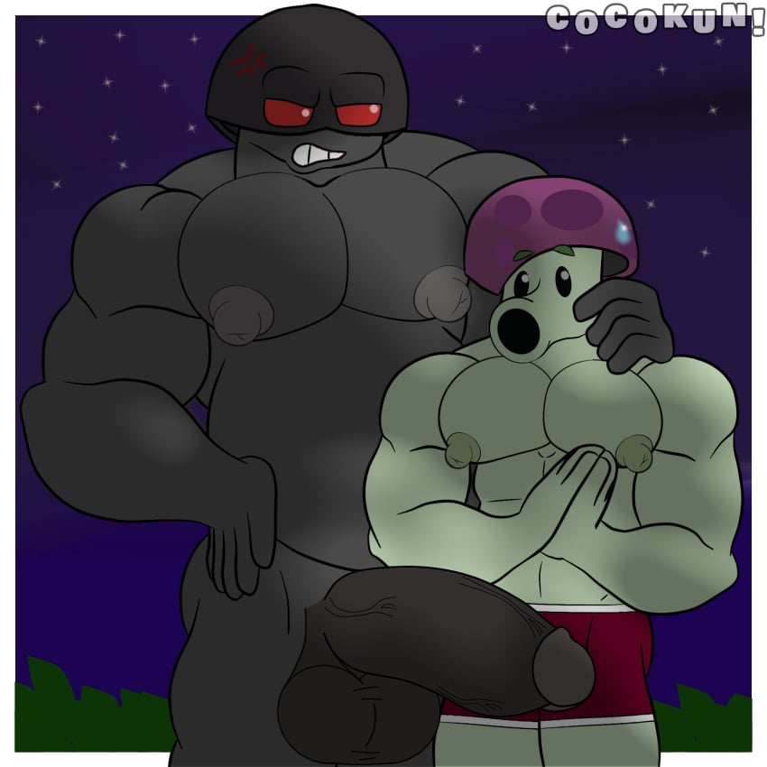 2boys angry anthro artist_name balls bara bara_tiddies bara_tits big_muscles big_nipples black_body boxers clothing cocokun! doom-shroom_(pvz) duo gay genitals half-erect hand_on_shoulder humanoid male_only muscular_male mushroom nervous night nipples pecs pectorals penis plants_vs_zombies red_eyes red_underwear scaredy-shroom_(pvz) size_difference teeth testicles toony underwear video_games