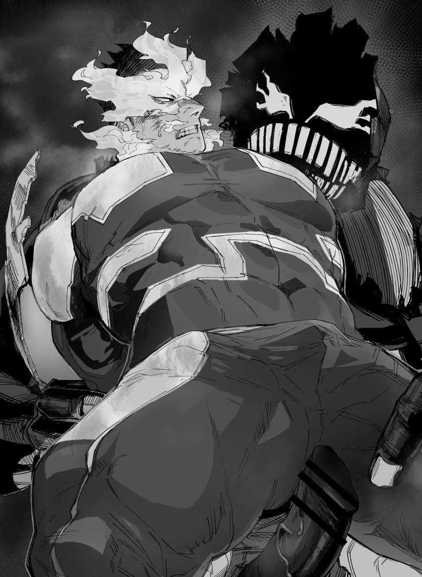 2boys absurdres anal bar_censor bara bodysuit boku_no_hero_academia censored endeavor_(my_hero_academia) enji_todoroki erection fire gay greyscale highres large_pectorals male_focus male_only mature_male migi_(mm86262394) monochrome multiple_boys muscular muscular_male my_hero_academia no_text_version nomu open_mouth pectorals penis rape ripped_clothing ripping_clothing sex short_hair testicles textless_version thick_thighs thighs todoroki_enji torn_bodysuit torn_clothes yaoi