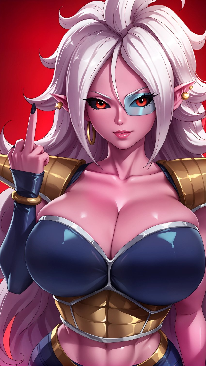 ai_generated android_21 belly_button big_breasts breasts cleavage dragon_ball_fighterz dragon_ball_super hourglass_figure huge_breasts large_breasts looking_at_viewer middle_finger nails navel portrait saiyan_armor sky4maleja upper_body