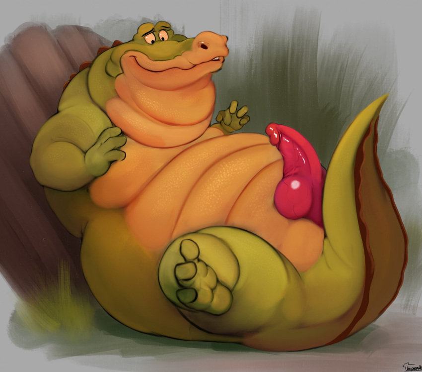 alligator alligatorid anthro anthro_only crocodilian disney erection genitals hi_res looking_at_genitalia looking_at_penis louis_(the_princess_and_the_frog) male male_only moobs nude nude_male overweight overweight_male penis reptile scalie solo the_princess_and_the_frog uniparasite