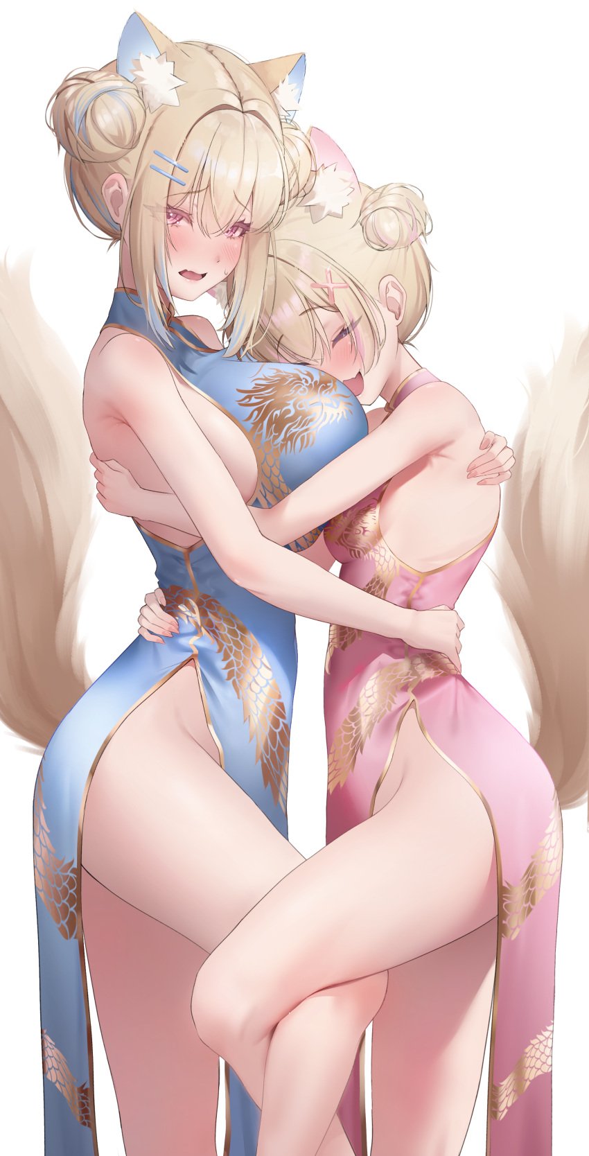 2girls animal_ears blonde_hair blue_eyes breast_size_difference breasts china_dress female female_only fuwamoco fuwawa_abyssgard hi_res hololive hololive_english hololive_english_-advent- huge_breasts hugging kemonomimi long_hair looking_at_viewer mococo_abyssgard pink_eyes prab short_hair sisters small_breasts standing tail virtual_youtuber